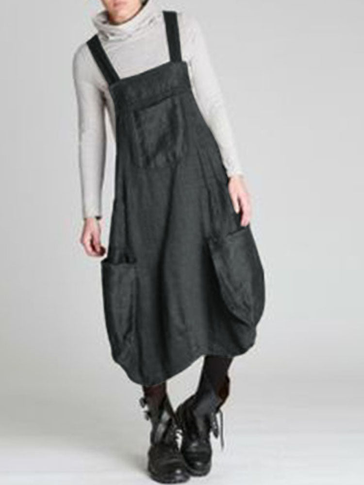 Women Straps Sleeveless Back Cross Pocket Dress Overalls