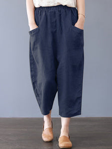 Plus Size Women Cotton Loose Harem Pants with Pockets