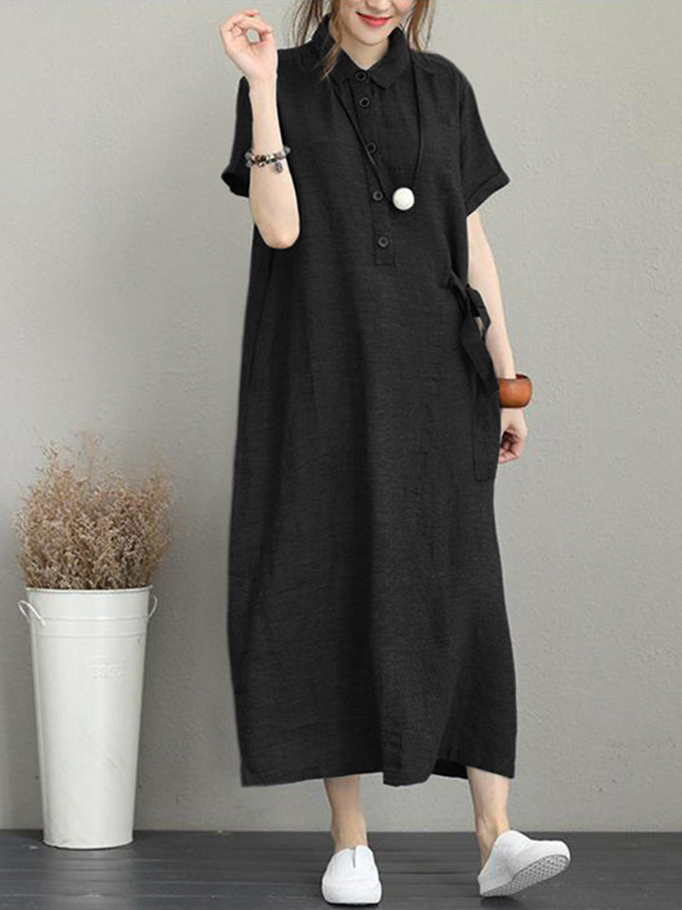 Women Casual Button Down Casual Loose Short Sleeve Dress with Pockets