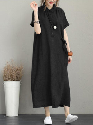 Women Casual Button Down Casual Loose Short Sleeve Dress with Pockets