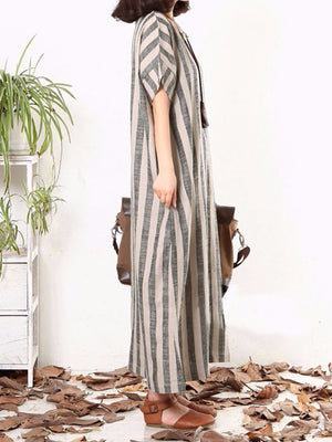 Vertical Striped Dress O-neck Short Sleeves Dresses