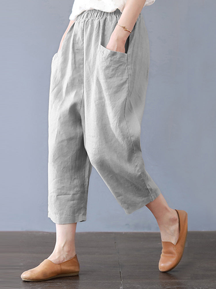 Plus Size Women Cotton Loose Harem Pants with Pockets