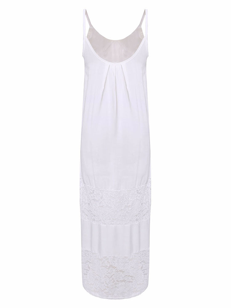 Women White Strap Lace Crochet Patchwork Beach Maxi Dress
