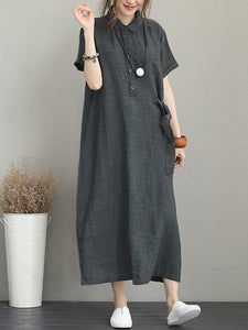 Women Casual Button Down Casual Loose Short Sleeve Dress with Pockets