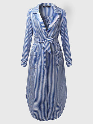 Casual Women Turndown Collar Adjustable Sleeve Side Split Striped Shirt Dresses