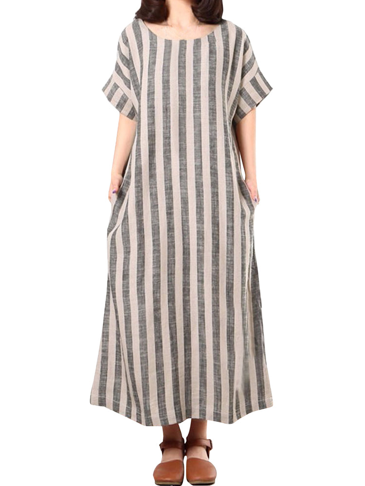 Vertical Striped Dress O-neck Short Sleeves Dresses