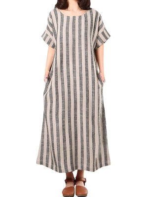 Vertical Striped Dress O-neck Short Sleeves Dresses