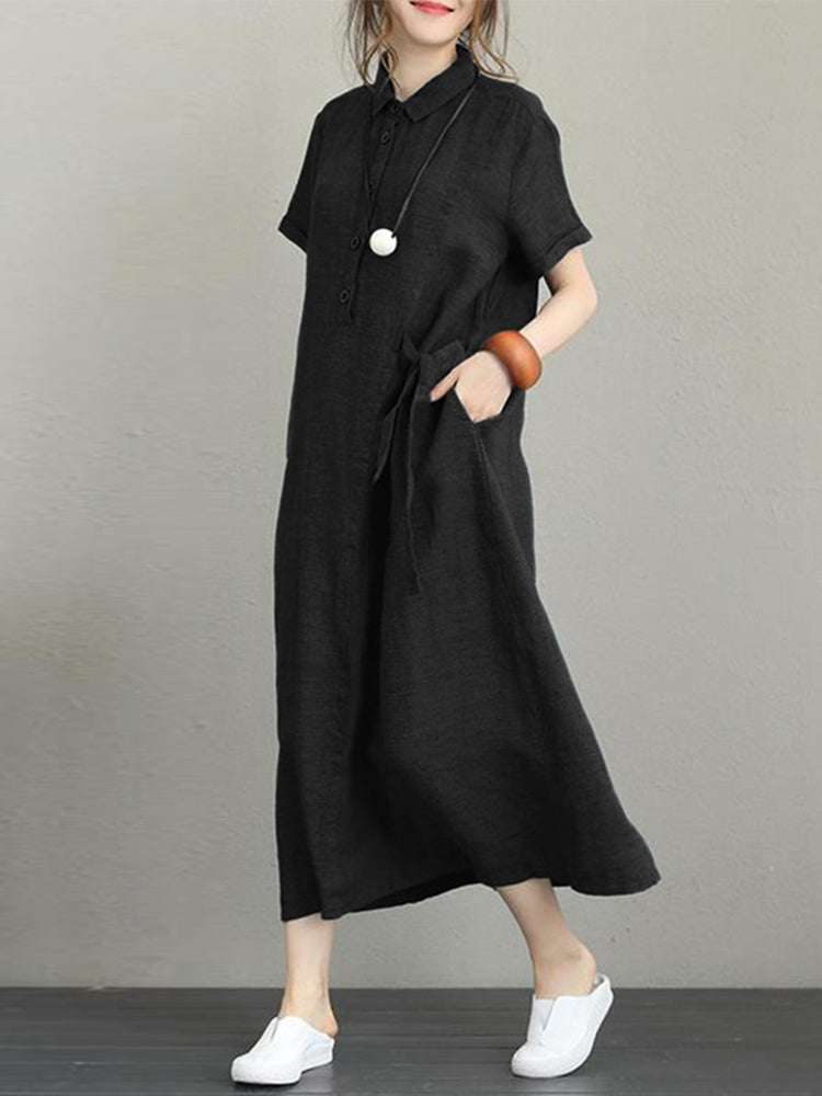 Women Casual Button Down Casual Loose Short Sleeve Dress with Pockets