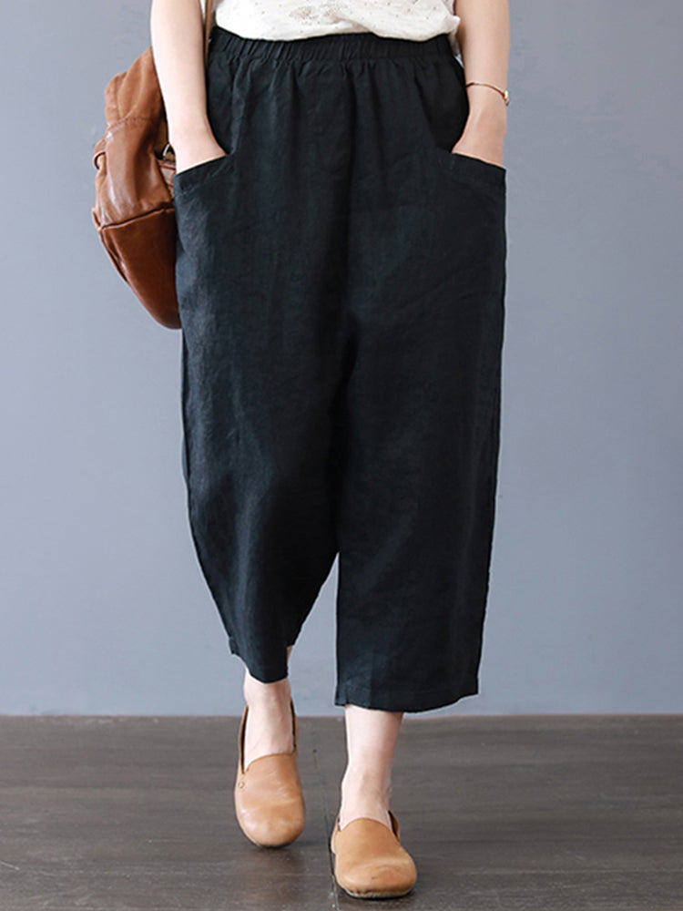 Plus Size Women Cotton Loose Harem Pants with Pockets